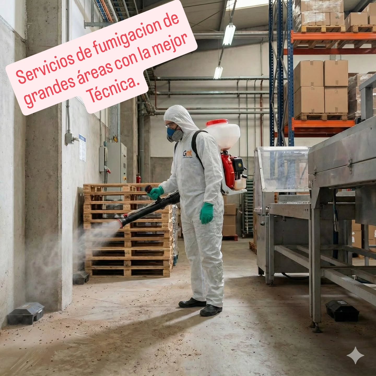 Técnico de GNT fumigando grandes áreas en un depósito