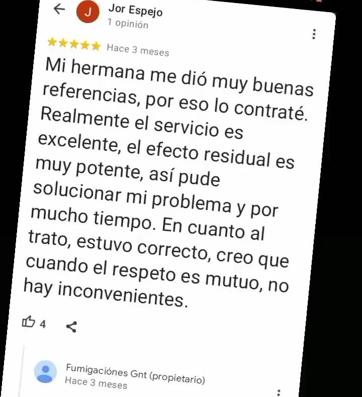 Captura de una opinión de Google sobre GNT Control de Plagas