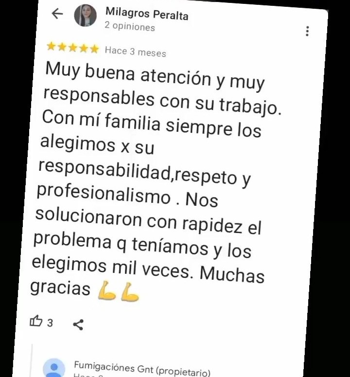 Captura de una opinión de Google sobre GNT Control de Plagas